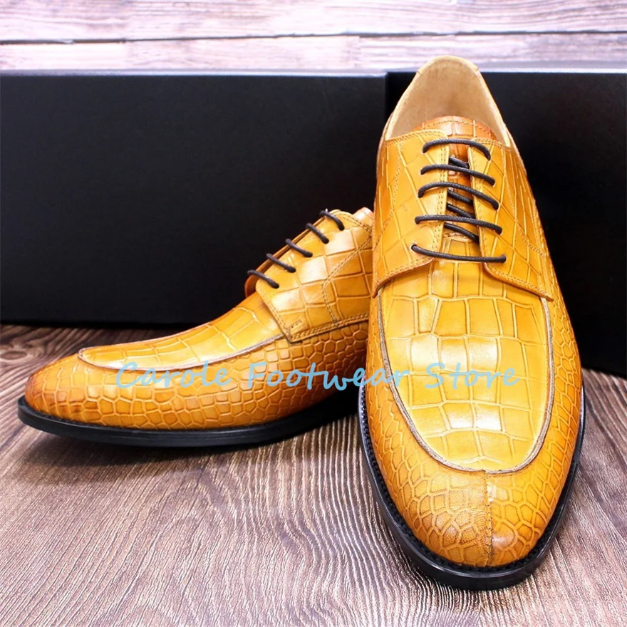 Fashion Crocodile Embossed Leather Derby Shoes for Men Pointed Toe Chunky Heel Lace-up Oxfords Male Business Formal Loafers