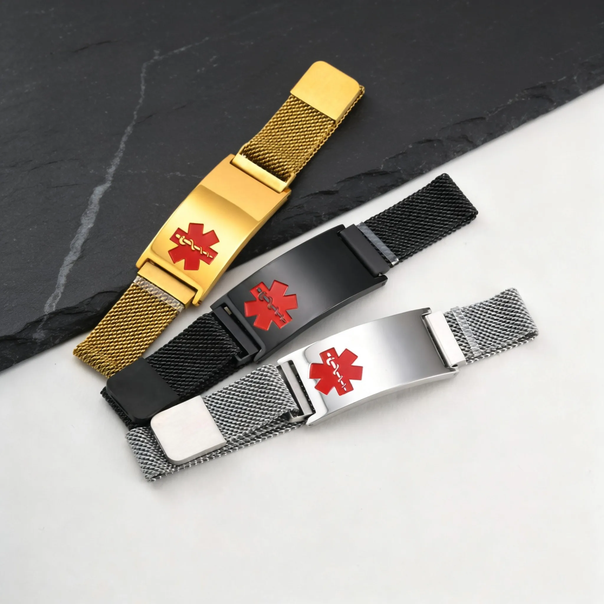 Magnetic Medical Alert Bracelets for Men Women Teenagers,15-24CM Customize Stainless Steel Mesh Emergency Medical ID Wristband