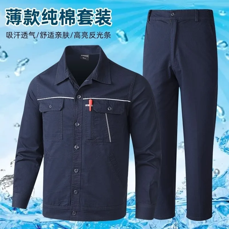 Men Pure Cotton Thin Workwear Set Reflective Stripe Breathable Wear Resistant Factory Uniform Jacket And Pants For Summer