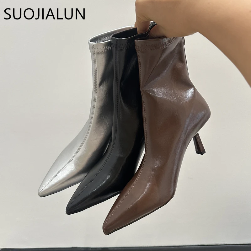 SUOJIALUN Winter New Brand Women Ankle Boots Fashion Pointed Toe Ladies Elegant Short Boots Thin High Heel Dress Chelsea Pumps