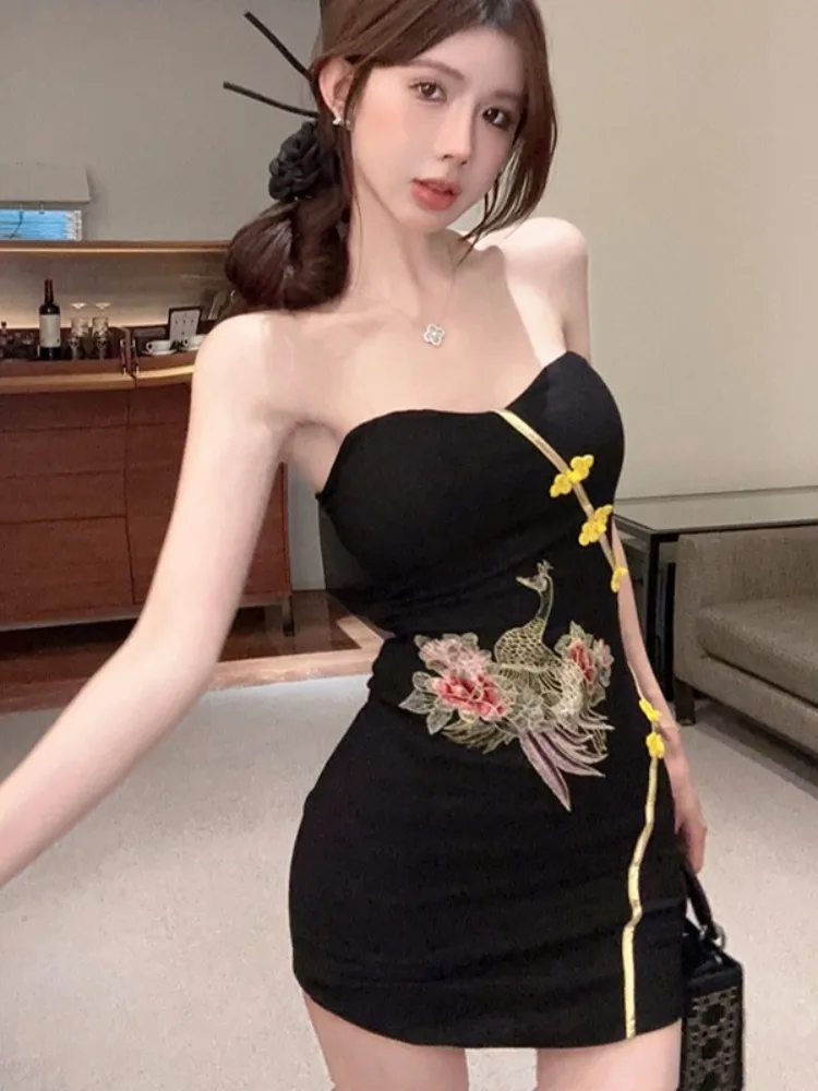

Black Sexy Short Skirt Dress Chinese Style New Trend Strapless Women's Fashion Commute Korean Style Autumn Collection