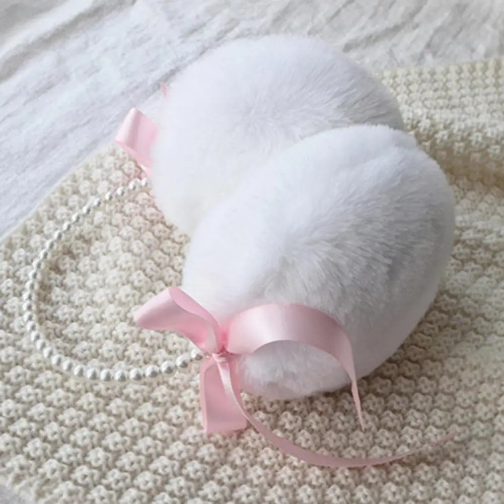 Earmuff wanita ikat kepala mutiara imitasi pita ikatan simpul Fuzzy bulu halus musim gugur musim dingin anak perempuan telinga hangat kelinci imitasi mewah telinga Muff 마ril 마