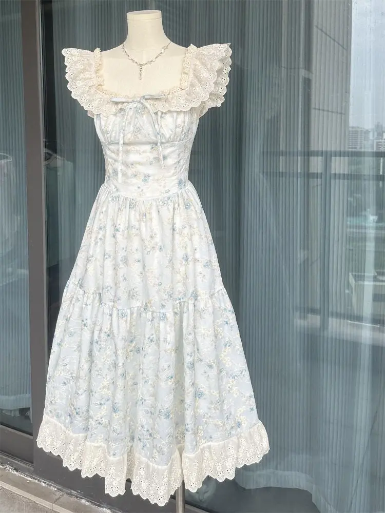 

French Style Light Blue Floral Maxi Dress With Lace Trim And Ruffle Straps For Summer Vacation Sweet Girl Student Dress
