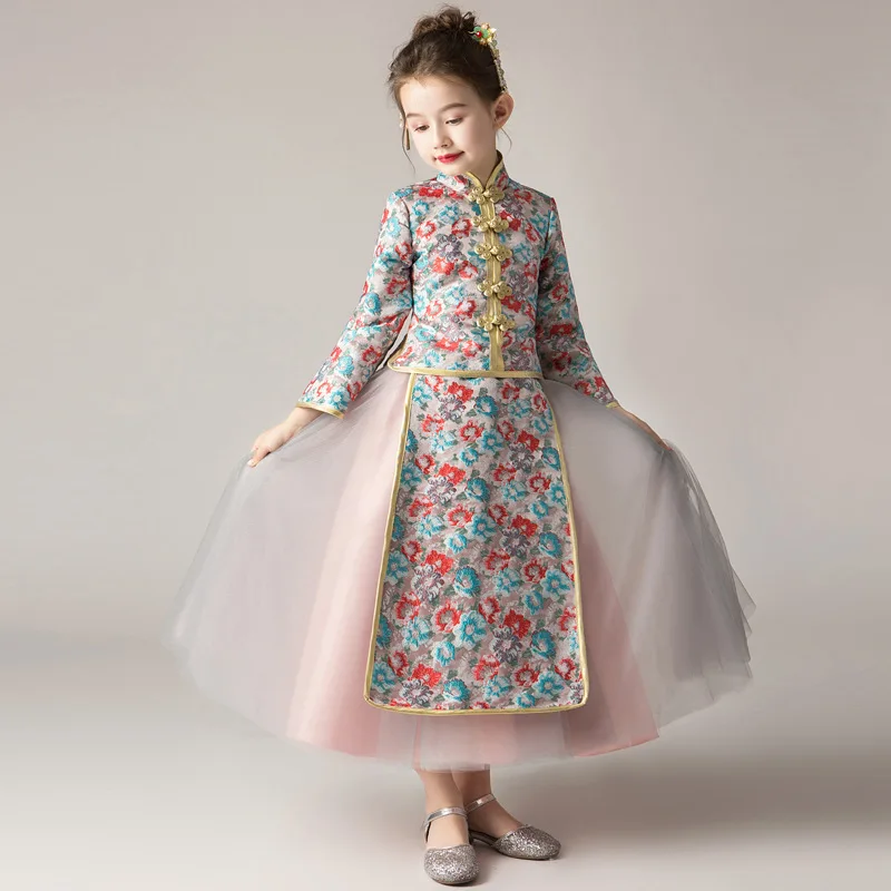 

Girl Autumn Winter New Chinese Style Retro Hanfu New Year Greeting Cheongsam Princess Dress Party Evening Performance Vestido