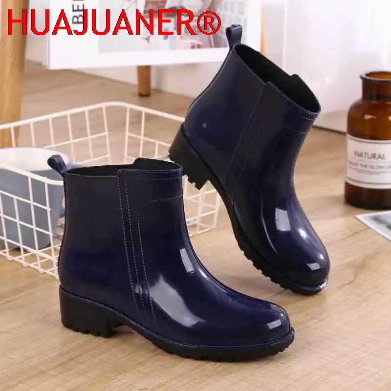 Mulheres botas de chuva à prova dwaterproof água sola de borracha salto baixo sapato de inverno feminino tubo médio moda nova marca design tornozelo bota