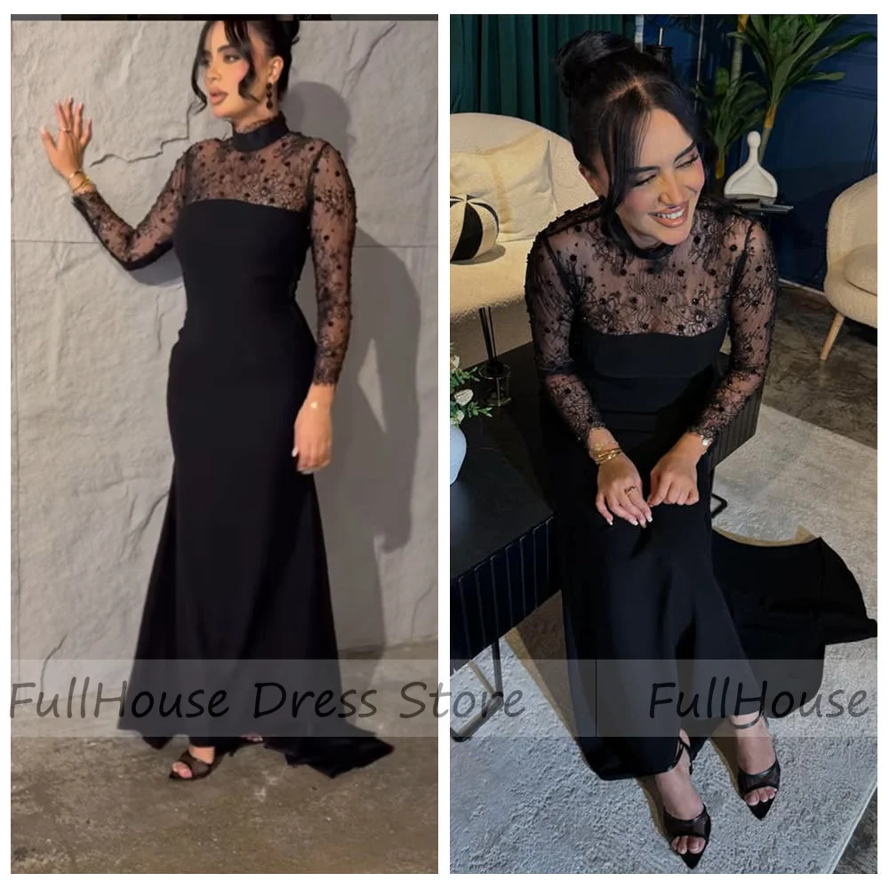 

Custom Made Charming Black Illusion Neck Lace Saudi Arab Gown Sheath Sexy Floor Length Lace up Back Evening Dress with Train