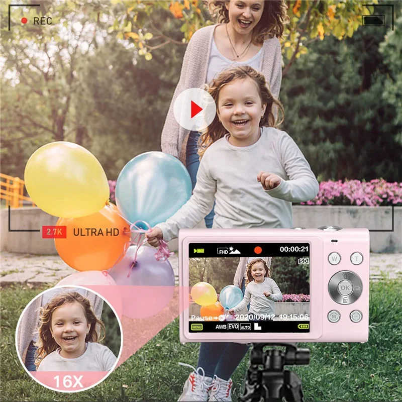 Digital Camera with Auto Focus, 2.7K 48MP Vlogging Camera with 2.8 Inch Large Screen Stylish Camera for Teens-Pink