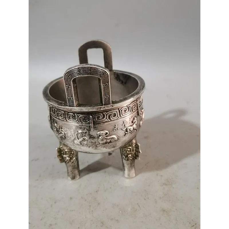 Antique White Copper Three-Legged Censer Double Handles, Embossed with the Twelve Zodiac Signs, Ancient Palace Art Ornament
