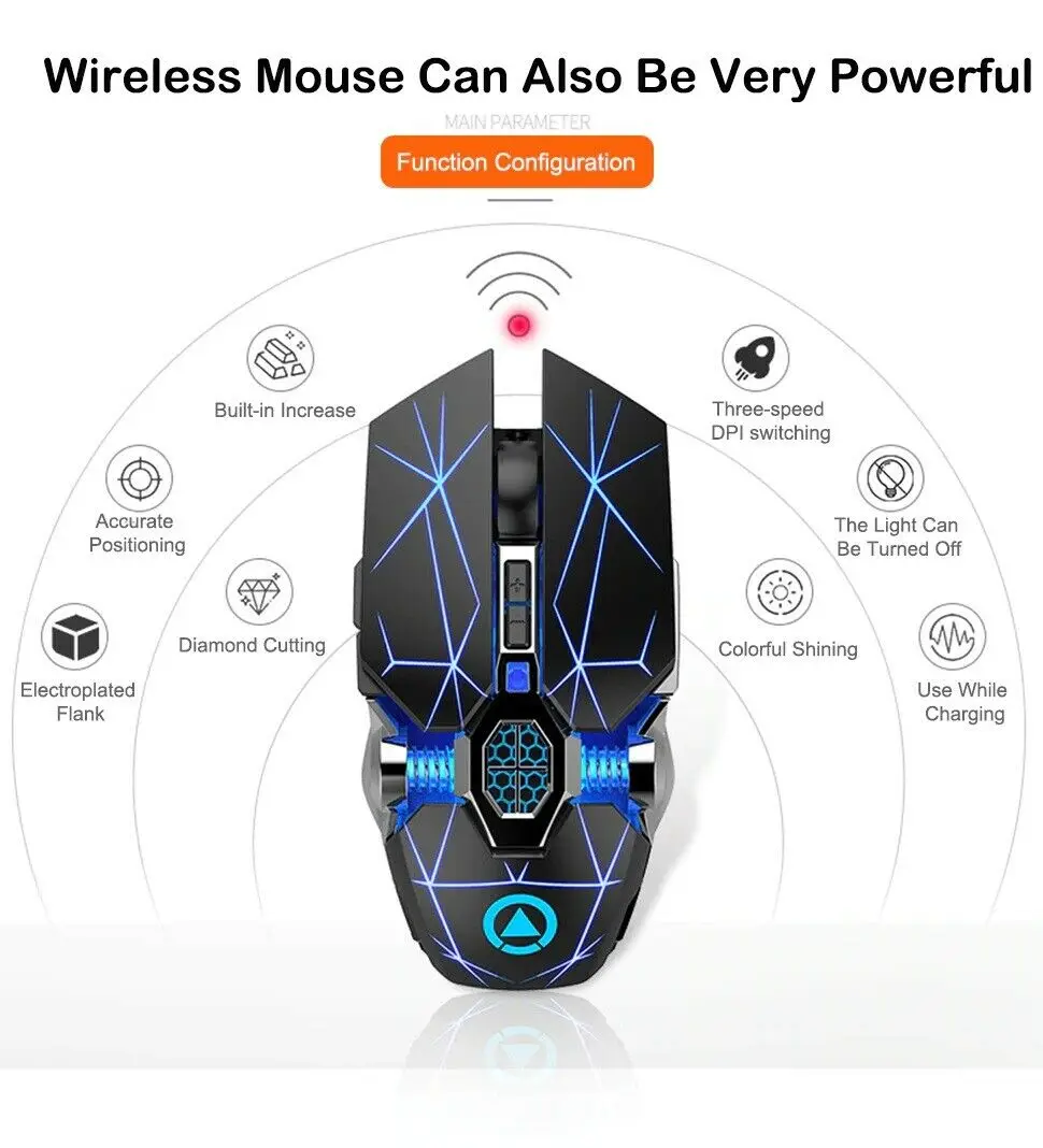 Mouse da gioco USB ottico Wireless 2.4G 1600DPI 7 colori LED retroilluminato Mouse silenzioso ricaricabile Mouse da gioco per Computer portatile PC