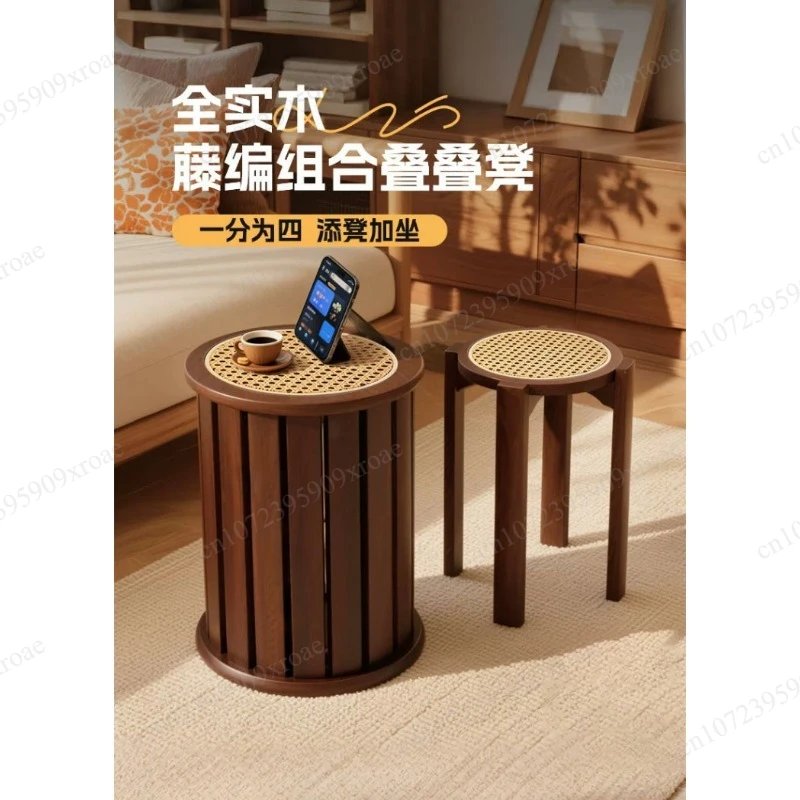 Stackable Solid Wood Stool, Rattan Woven Round Seat, Space-Saving Spare Chair for Home, Dining Table and Dressing Area