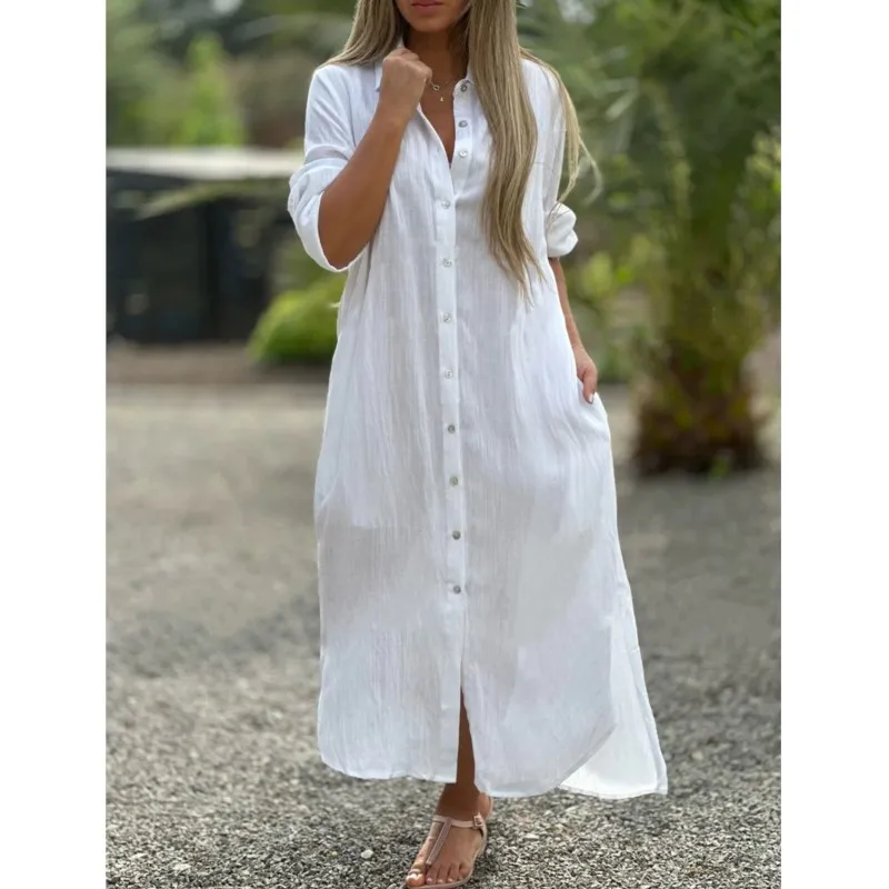 Ladies Lapel Collar Dress Stylish Women\'s V-neck Shirt Dress with Pockets Side Split Loose Fit Midi Dress for Beach Holiday Robe