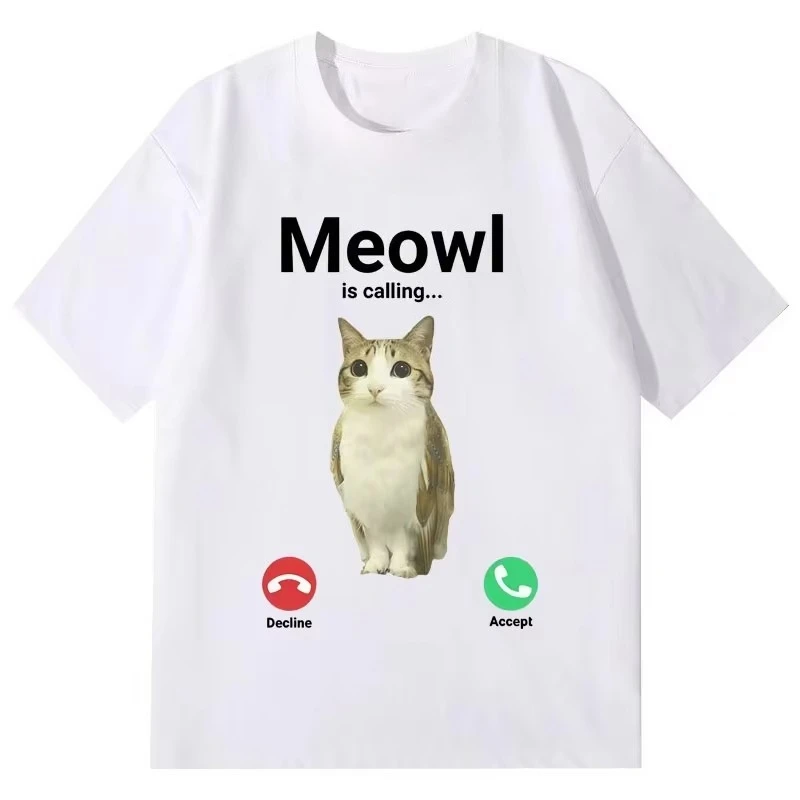 Meowl Is Calling Funny Cat Owl Meme Printed Women T-shirt Summer Short Sleeve Crew Neck Women Fashion Casual Daily Oversized Tee