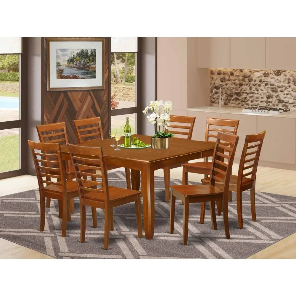 9 Piece Dining Table Set, Includes A Square Dinings Room Table with Butterfly Leaf and 8 Wooden Seat Chairs, Dining Room Set