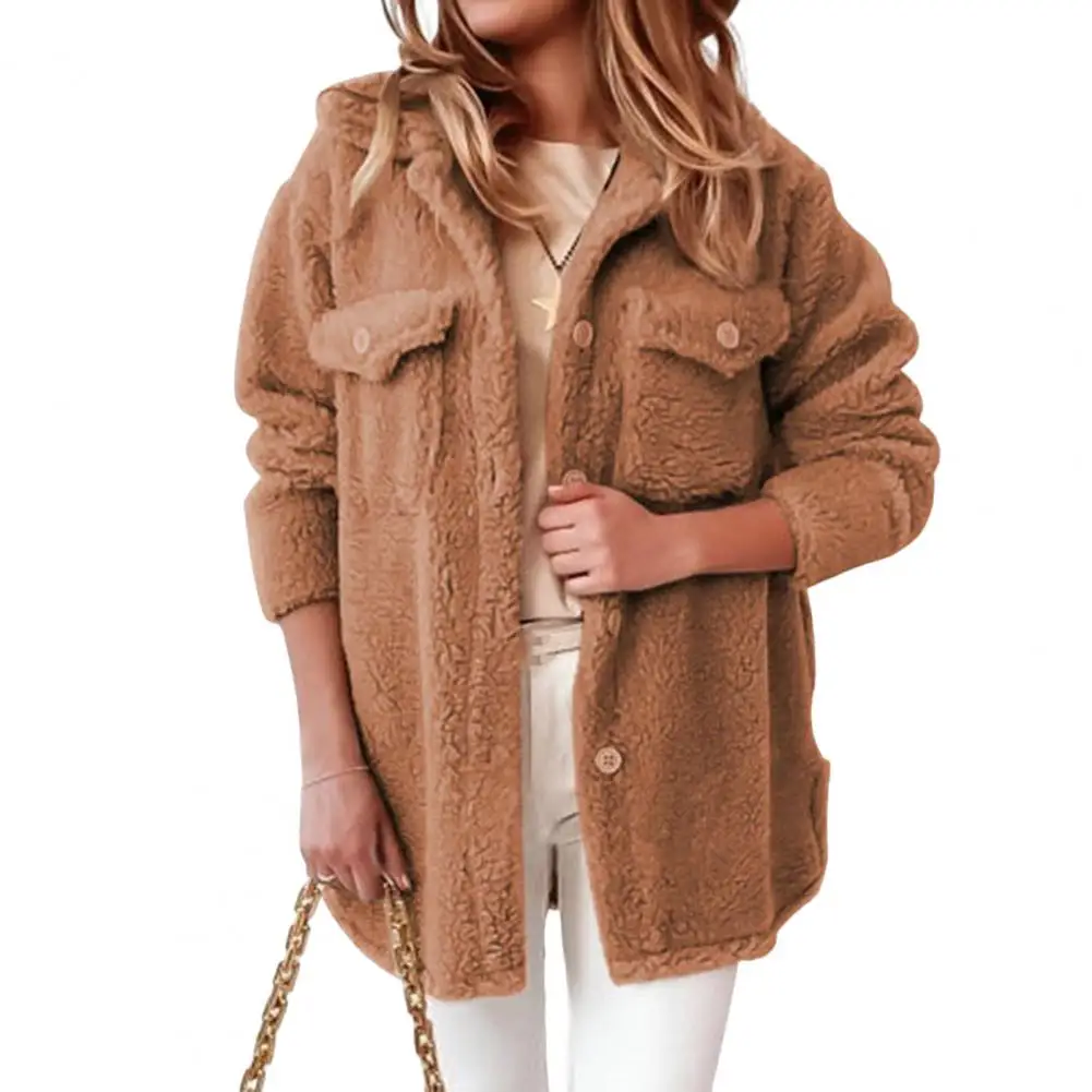 

Women's Coat Winter Solid Color Warm Casual Coat Turn-Down Collar Buttoned Long Sleeved Jacket Thick Coat