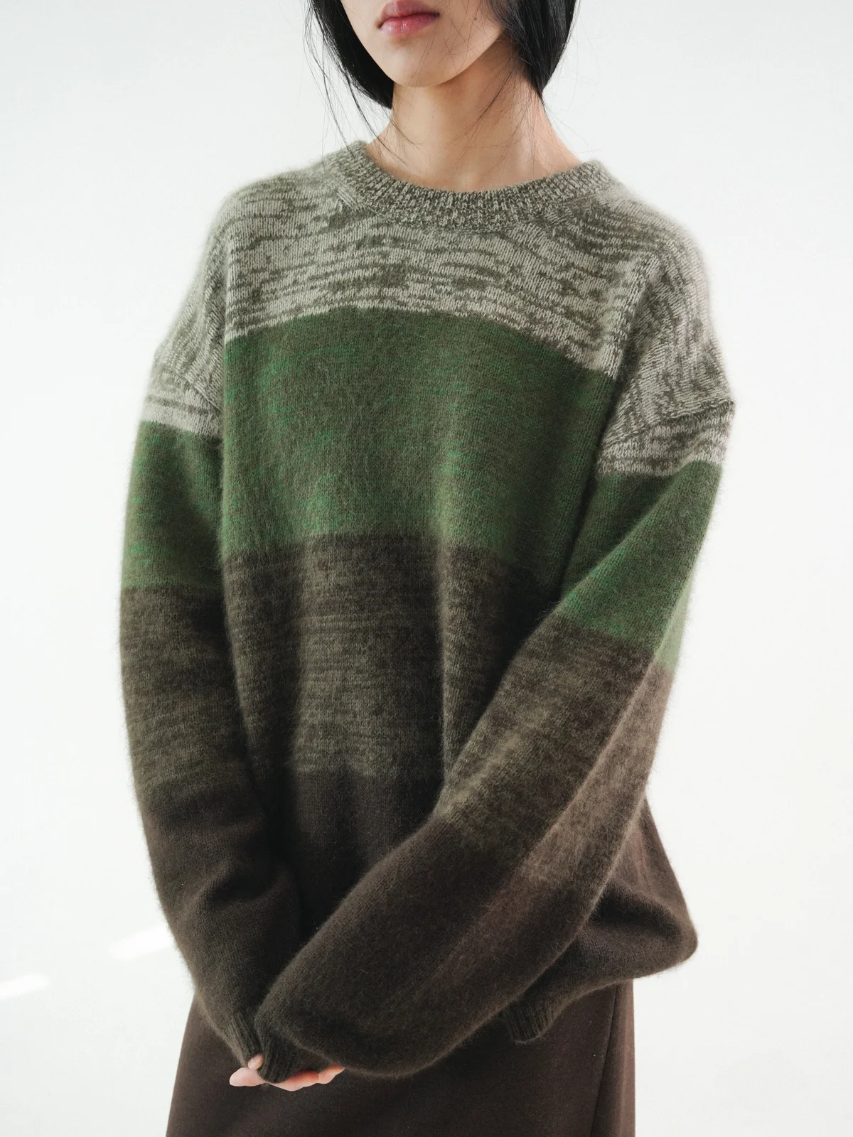 

Женский свитер свободного кроя с круглым вырезом, ультрамягкий, вязаный, с длинными рукавами, удобный, повседневный, с градиентной текстурой, из смеси нейлона и шерсти