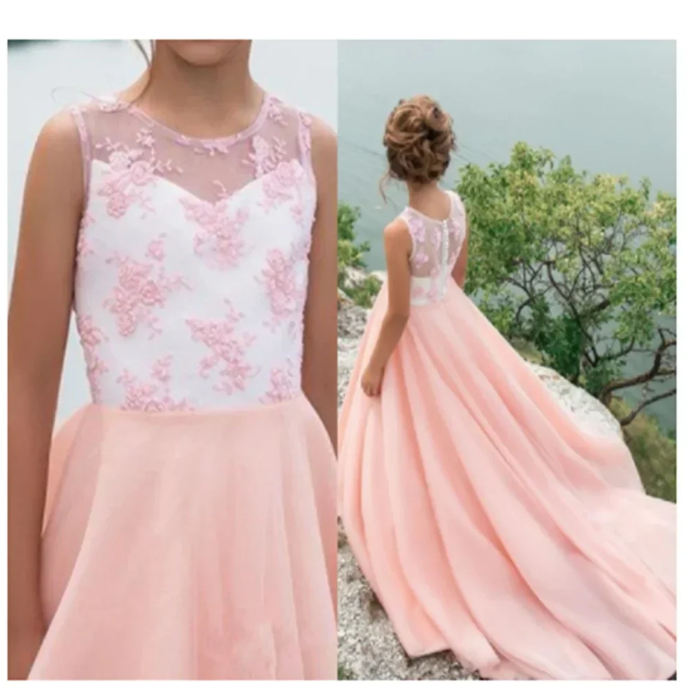 أحمر الخدود زهرة فتاة فستان الشيفون جولة الرقبة أكمام الأطفال فتاة الزفاف حفلة عيد ميلاد أول بالتواصل عطلة ثوب