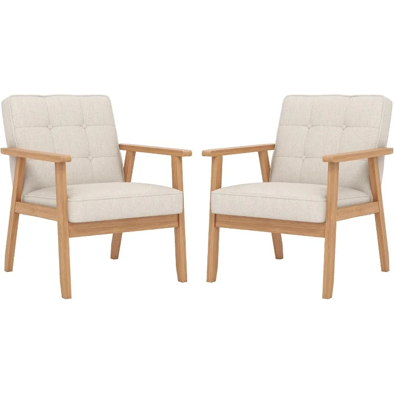 

Mid-Century Modern Linen Fabric Accent Chair Set of 2, Upholstered Tufted Leisure Chair Comfy Reading Side Chair with Armres
