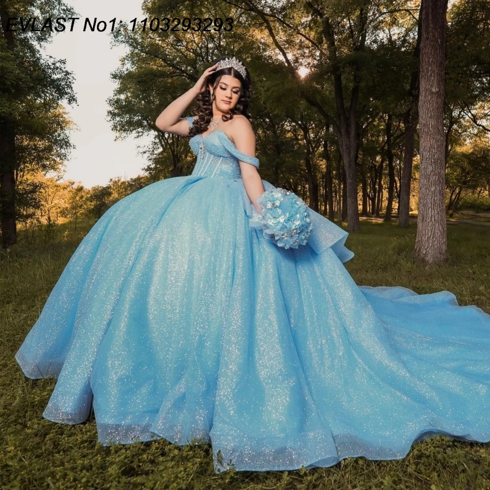 

EVLAST Customized Shiny Sky Blue Ball Gown Quinceanera Dress Glitter Applique Beading Bow Sweet 16 Vestidos De 15 Anos E1QN24