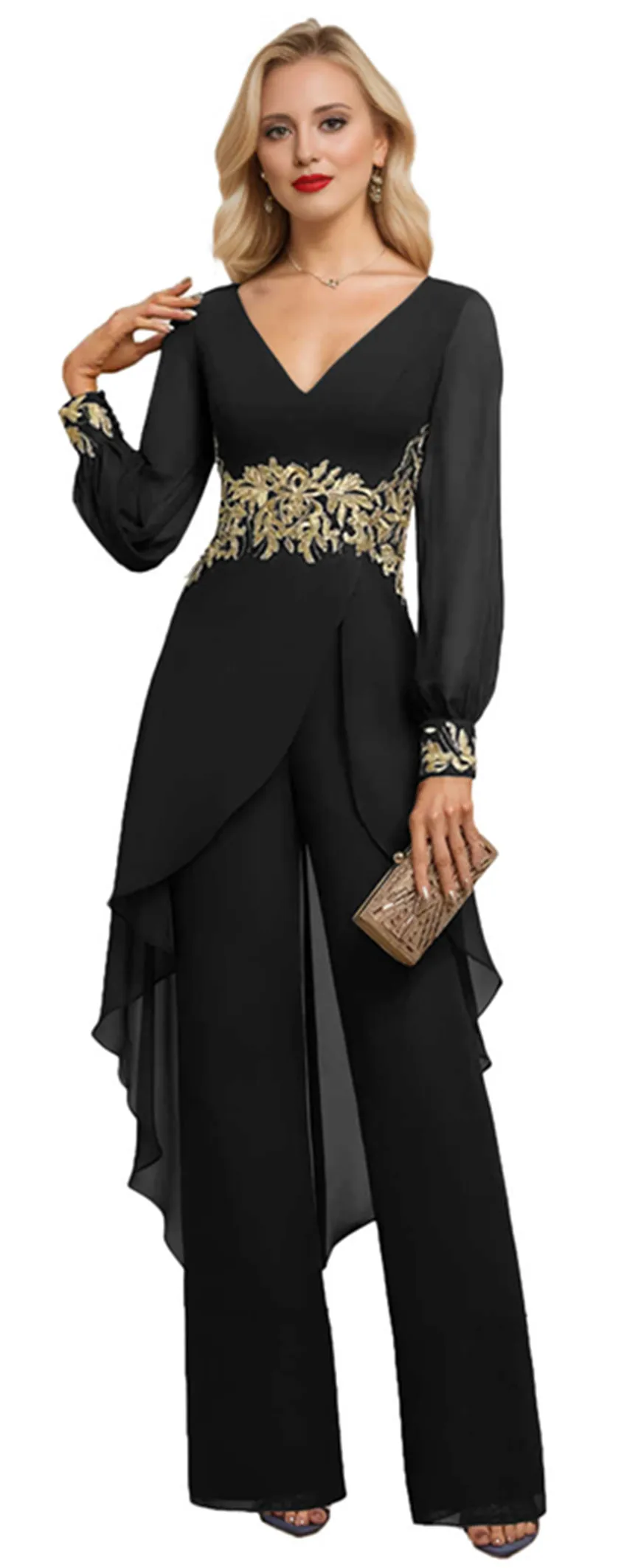 فساتين أم العروس المخصصة أنيقة من الشيفون بأكمام طويلة بدلة بناطيل رسمية لحفلات الزفاف مجموعة فساتين مناسبات خاصة جديدة