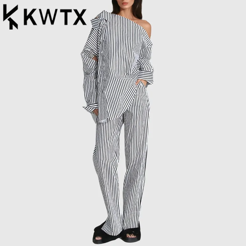 

KWTX Women’s 2 Piece Set Striped Pantsuit Irregular Neckline Shirt Top & Wide Leg Trousers High Quality Spring Summer 2025