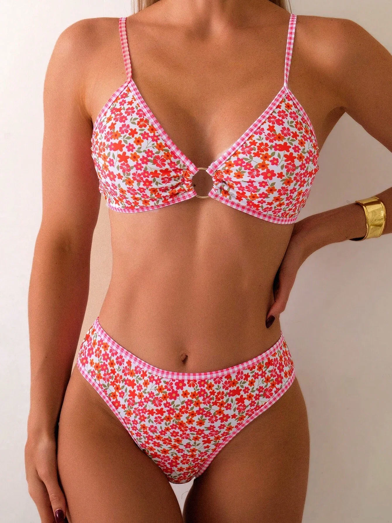 

Women's Floral Print Circular Link Bikini Set High Waist Sexy Beach Swimwear