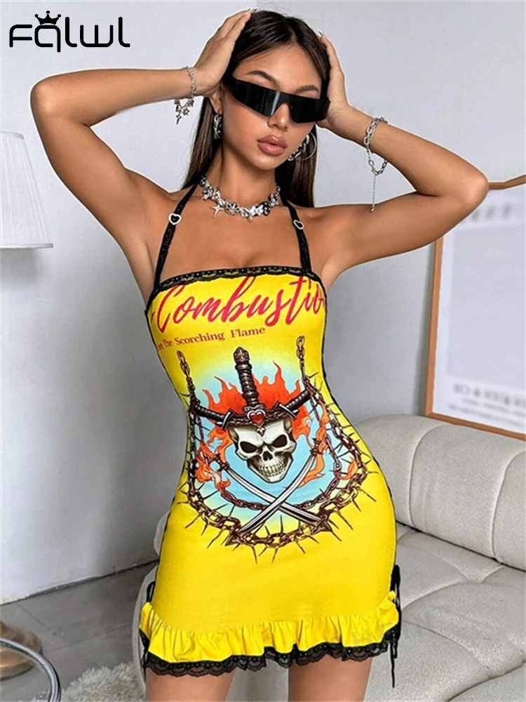 Habbris Summer Y2K Skull Printed Women Short Dress Halloween Party Outfits 2024 Halter Bandage Mini Dress Graphic Gothic Dresses