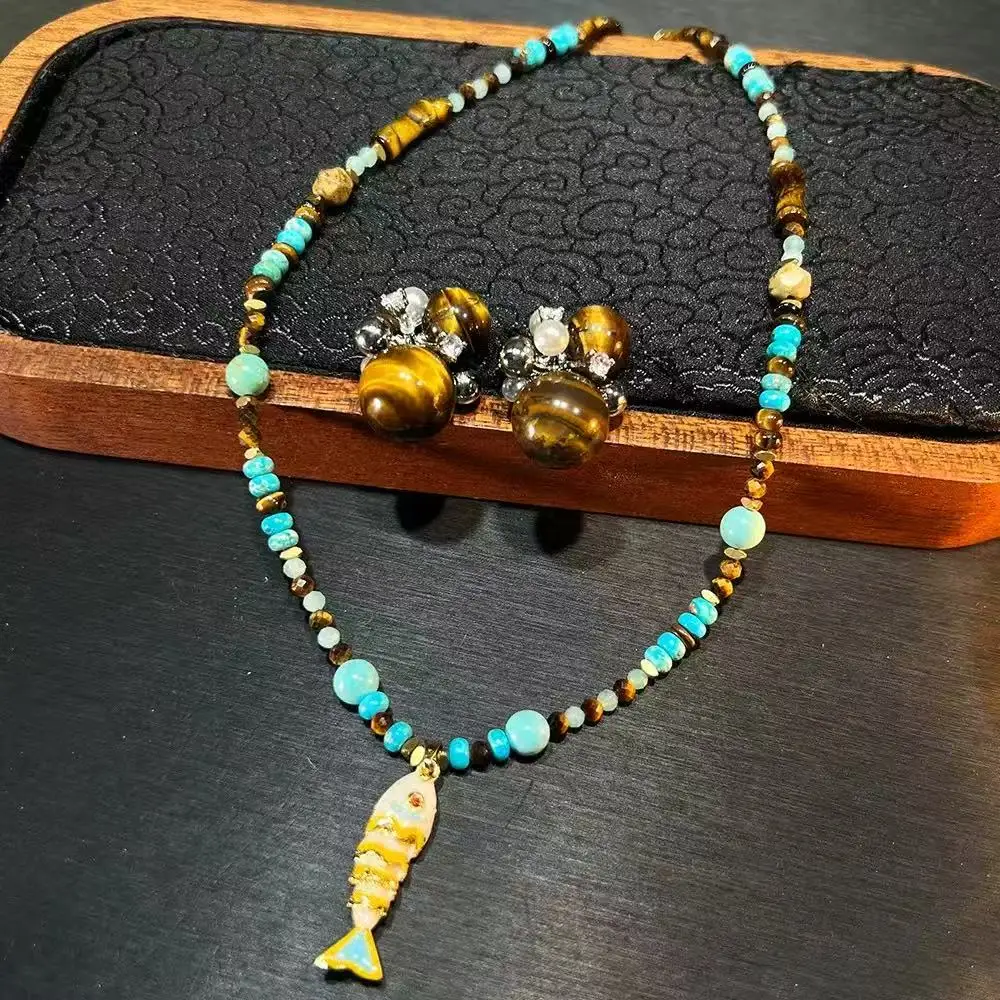 

New Pure Natural Tiger's-Eye Fishbone Necklace Earrings Two Pieces Fashion Women Jewelry Set Handmade High-Quality