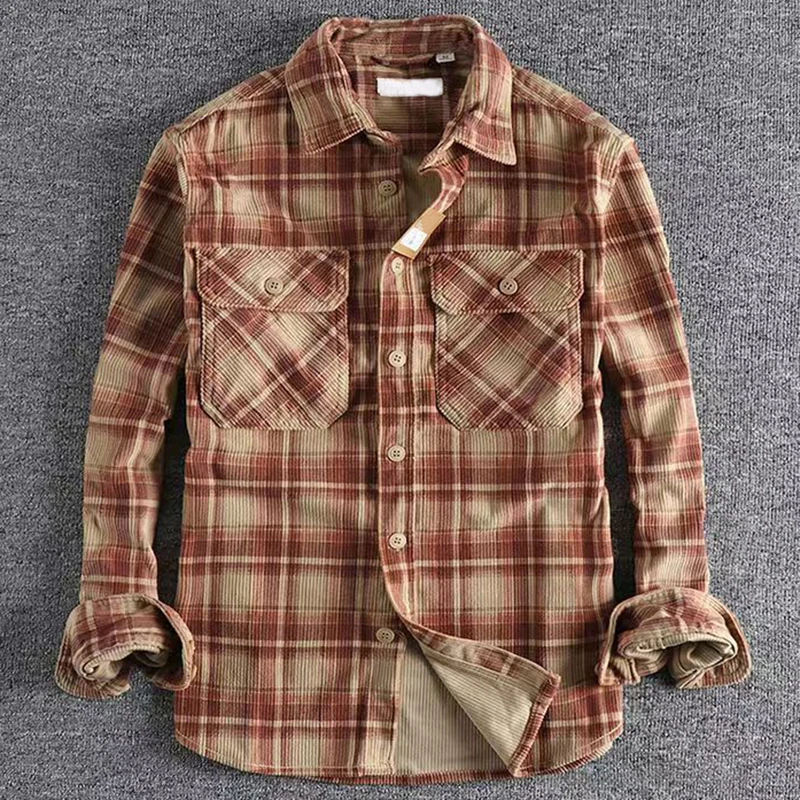 Corduroy Button Up Shirt Men - Herren Kariertes Langarmhemd Herbst Vintage Vordertasche