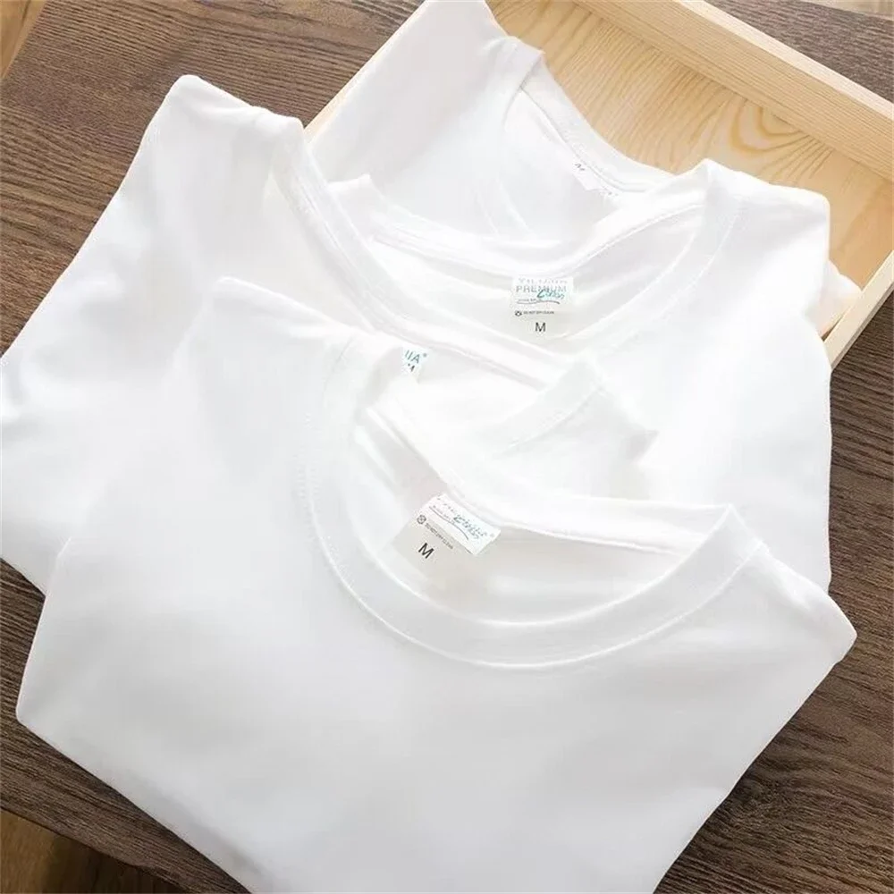 Men Cotton T-Shirt Summer Tops Solid Color Blank Tshirts O-Neck Round Collar Short-Sleeve Couple White Clothes High Quality