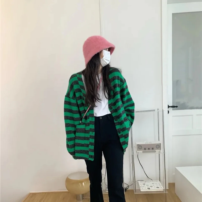 Vintage Gestreept Vest Vrouwen Herfst Oversized Luie Stijl Gebreide Trui Y 2K Dames Koreaans High Street Vest Met Lange Mouwen