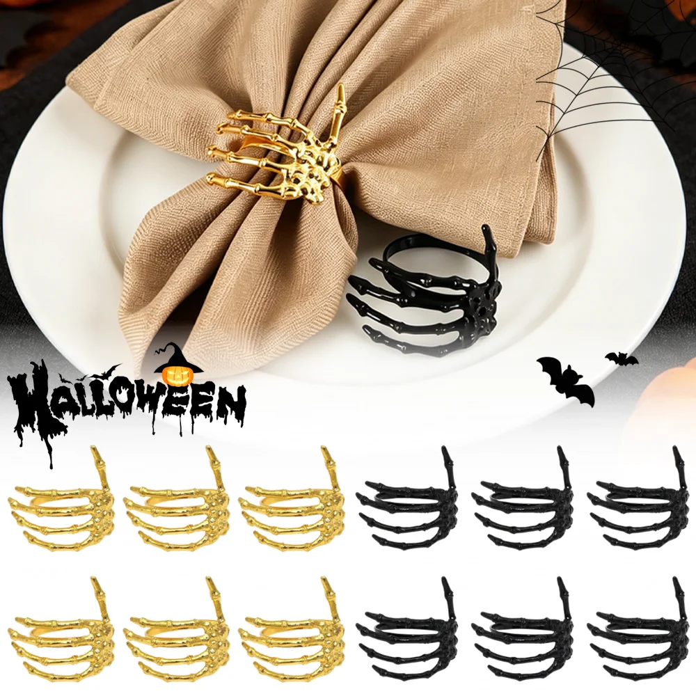 Skeleton Hand Napkin Rings Set Halloween Spooky Alloy Holder Scary Buckle for Holiday Home Bar Party Dining Table