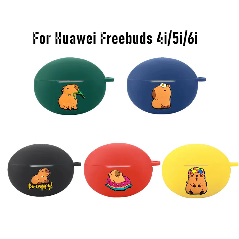 Diy animal capivara caso do fone de ouvido para huawei freebuds 4i/5i/6i silicone blutooth fones caixa carregamento capa protetora com gancho