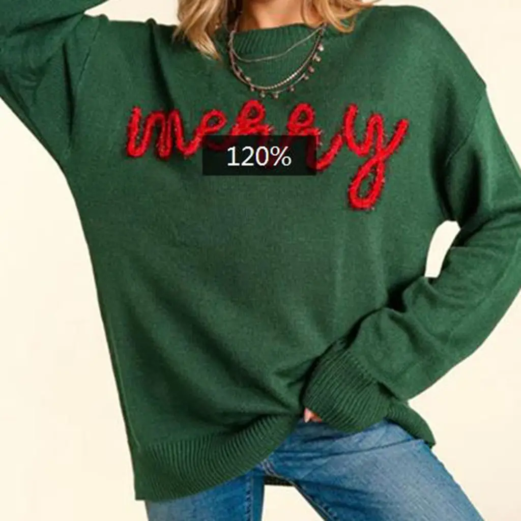 Women's Christmas Loose Fit Knitwear Sweater Long Sleeve Crew Neck Aesthetic Glitter Letters Pullover Tops Streetwear