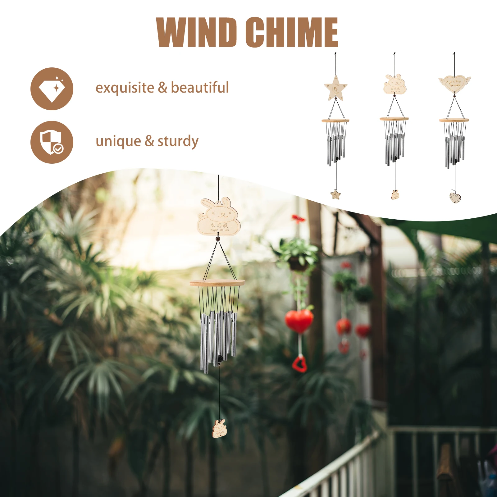 

3pcs Chimes Hanging Set Wood Aluminum Tube Garden Hanging Decor Durable Creative Home Balcony Yard Decor Garden Pendant