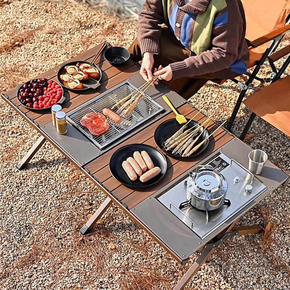 IGT Table Outdoor Camping Folding Multifunctional IGT Wood Table Portable Lightweight Camp Picnic BBQ Grill Table New