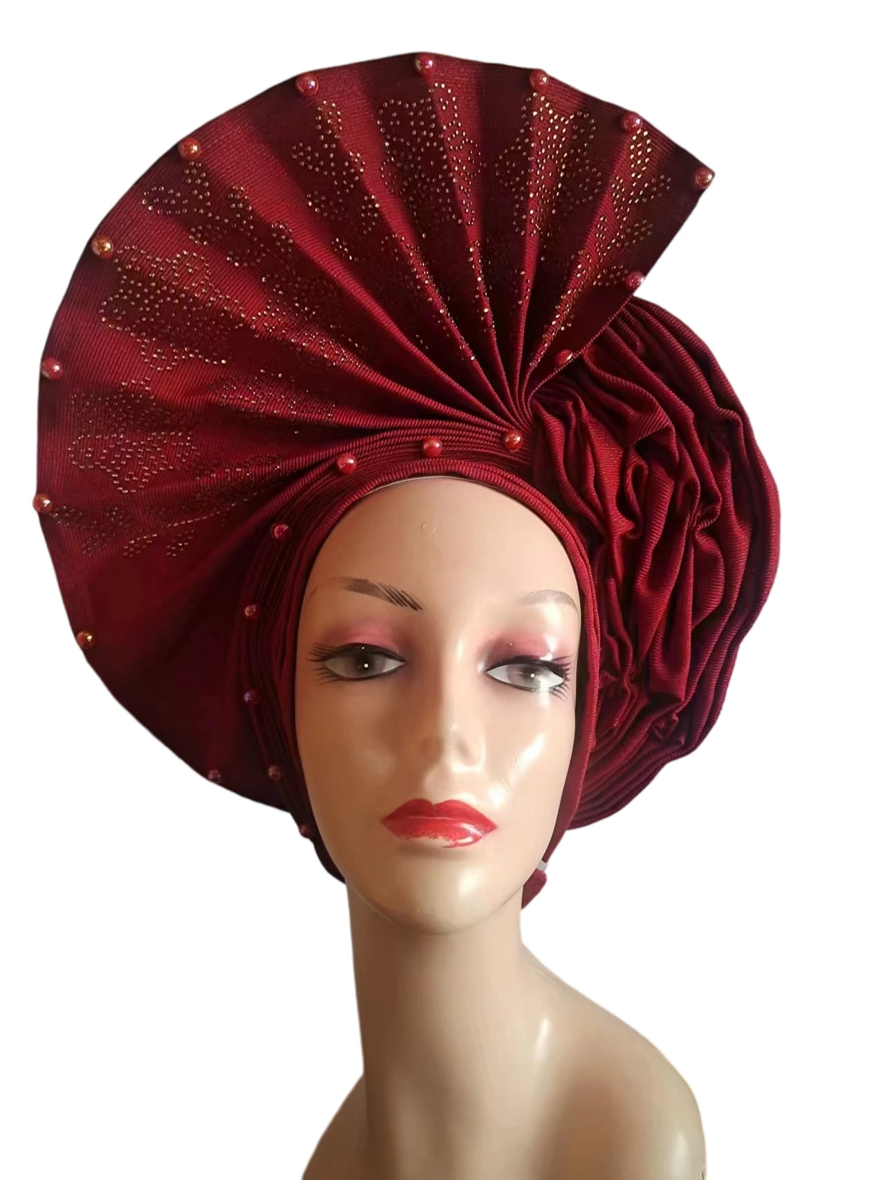 Imagem -06 - Africano Auto Gele Headwrap Turbante Nigeriano Aso Ebi Cabeça Wraps Sego Headtie Handmade Beads e Lantejoulas Cabeça Caps