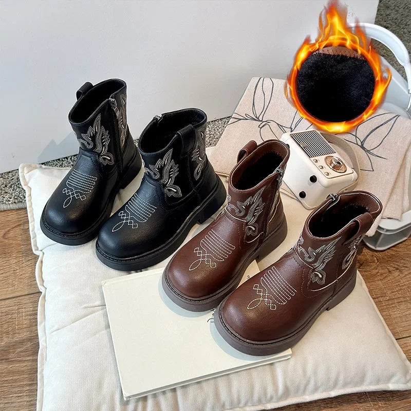 Girls Ankle Boots with Side Zipper Kids Short Boots Non-slip 2024 Winter New Children Fashion Boots Soft Sole Embroidered Trendy image 2