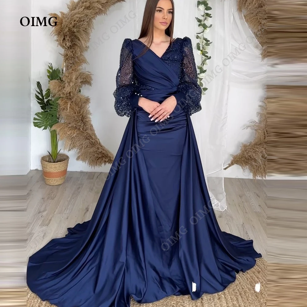 

OIMG Dark Blue Shiny Sequin Sleeves Prom Dresses 2023 Satin Long Sparkly Custom Evening Dress Formal Occasion Party Gowns