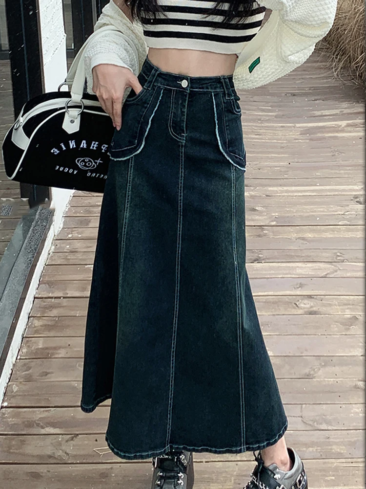 Black gray denim fishtail skirt for women in autumn and winterplumppear shaped bodymedium lengthhigh waistedA-line skirt