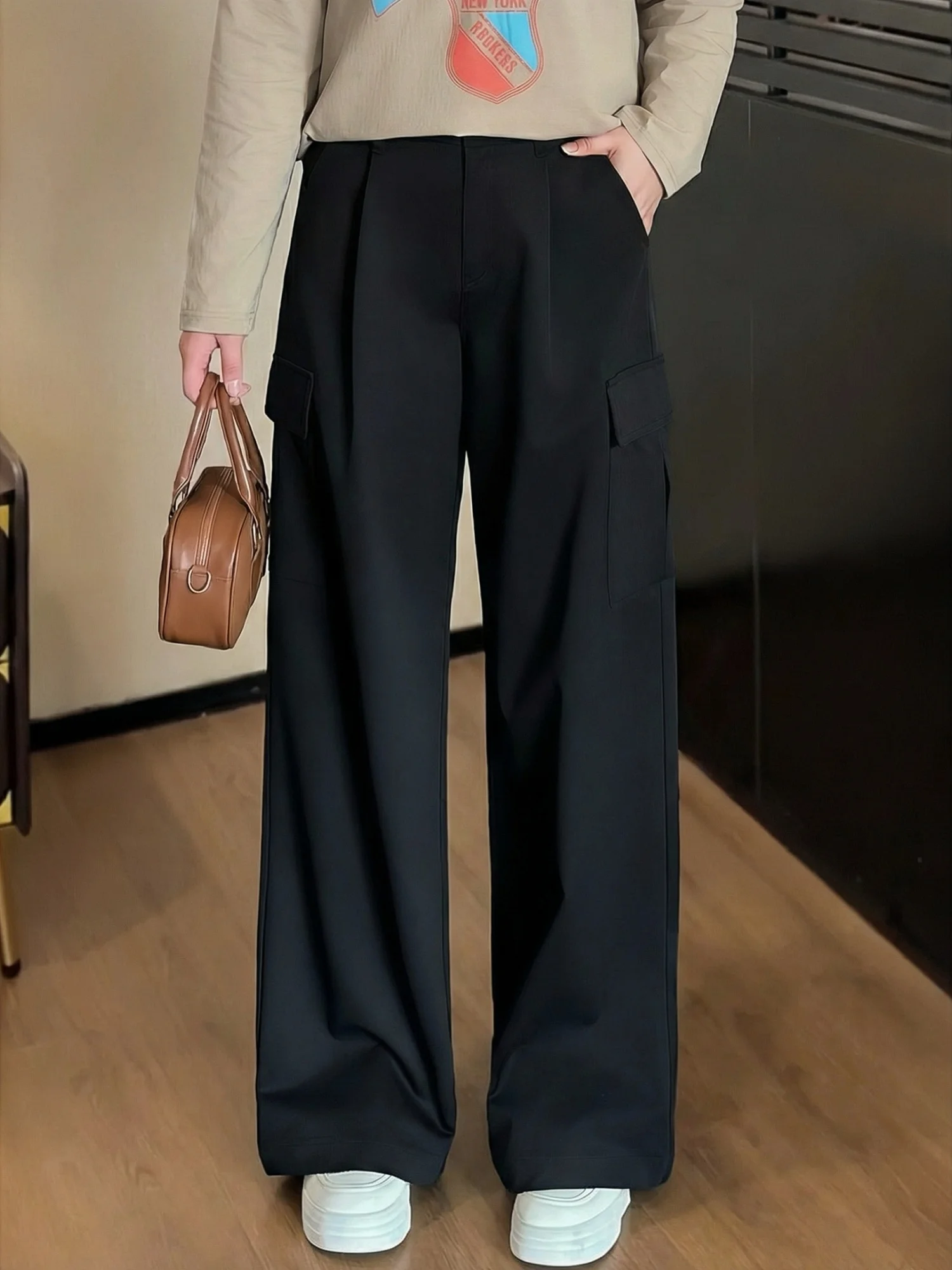 

High Waist Loose Commuter Style Wide Leg Pants Spring Collection plus Size Women's Workwear Trousers Versatile Casual Pants