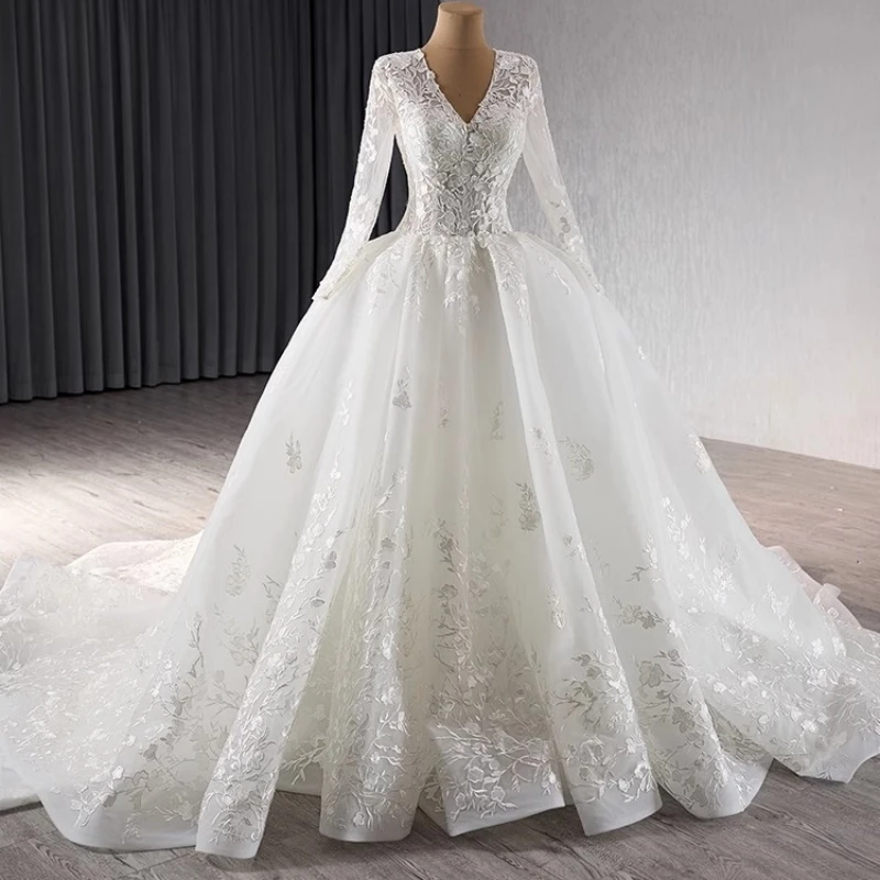 Real Picture Mexican Saudi Arabic Wedding Dresses Long Sleeve V Neck Lace Sweep Train Bride Bridal Gown Robe De Soiree 2025