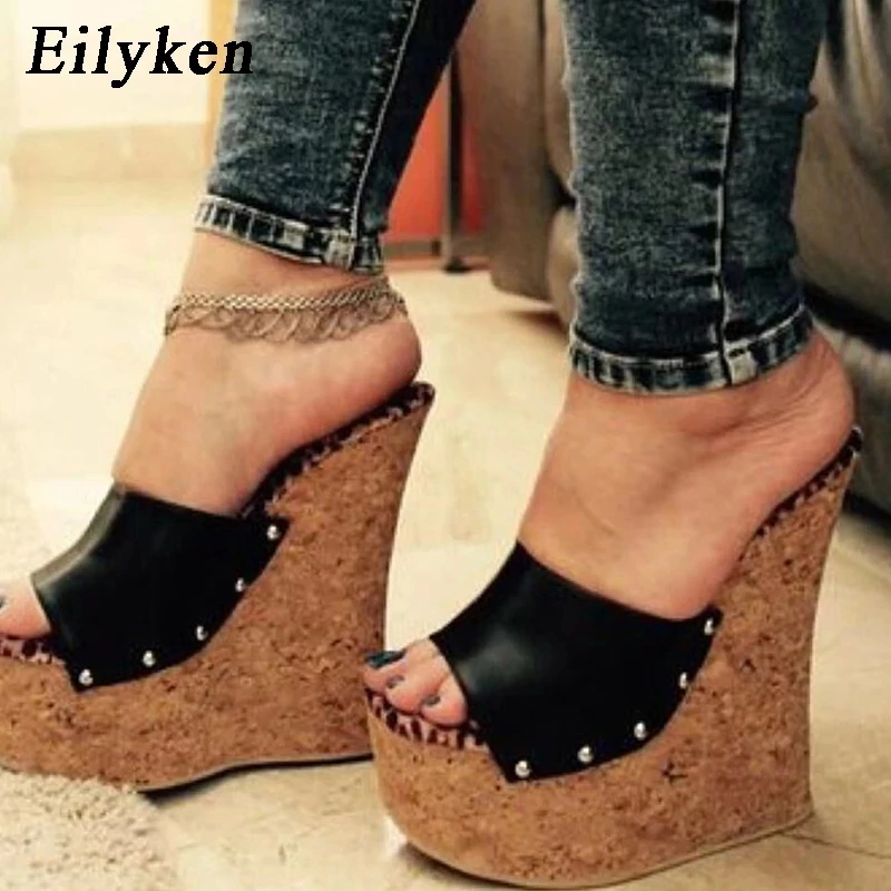 Eilyken Nowe Modne Klapki Damskie z Nitami, Odkryte Palce, Platforma, Koturn, Czarne Letnie Buty, Seksowne Super Wysokie Obcasy, Sandały