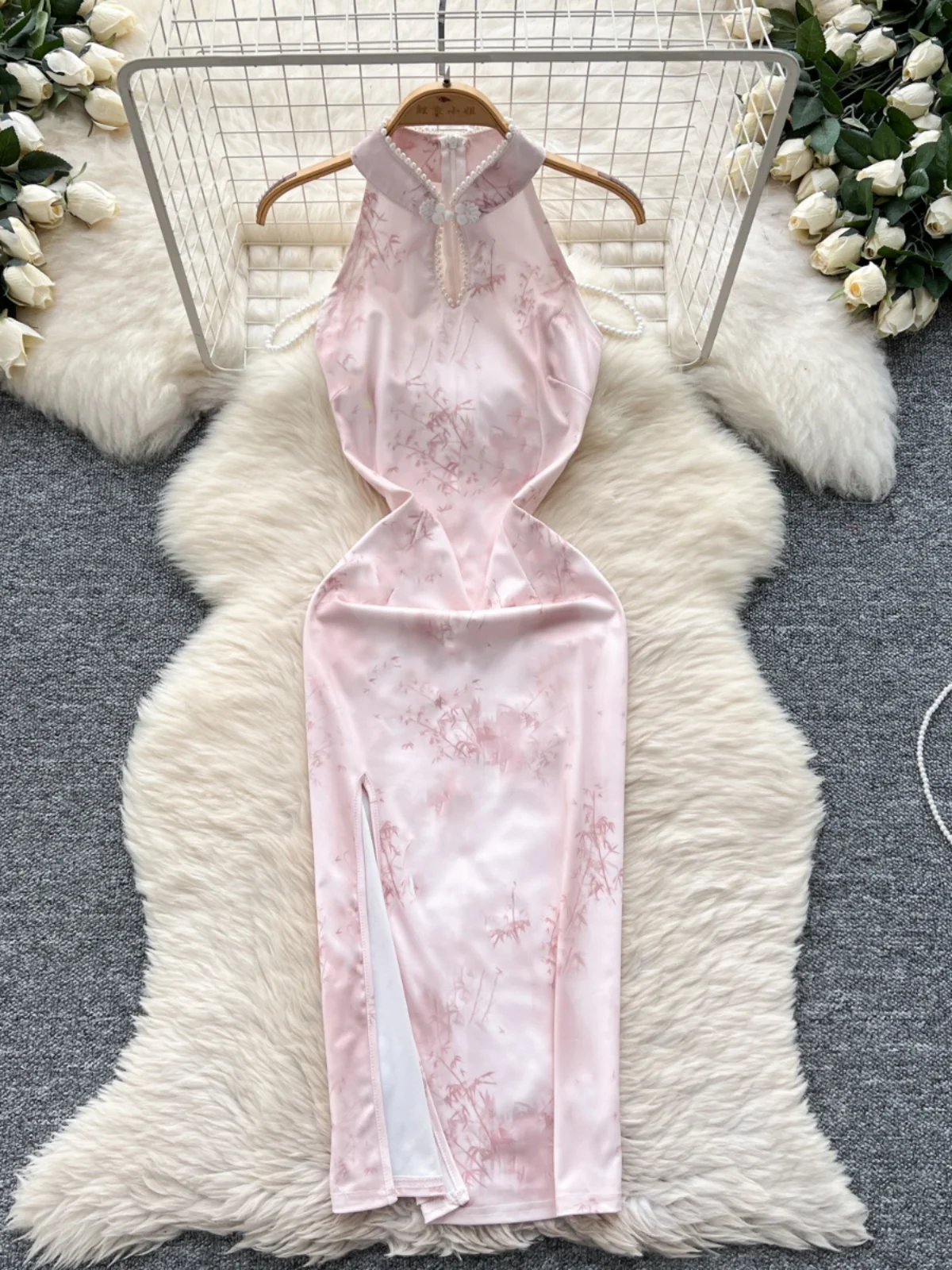 Ele Retro Chinesisches Design Dr Damen Svel Bedrucktes A-Linien-Midi-Kleid mit hoher Taille und Schlitzen Pendeln Koreanisches Sle