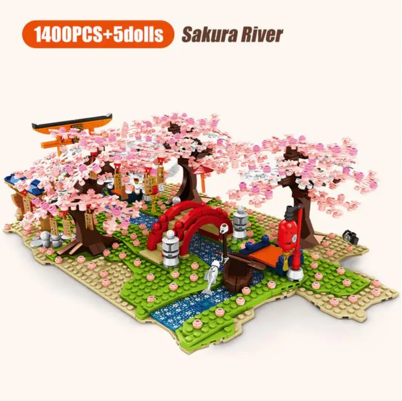 Japan Street View Building Block Japanese Cherry River Tunnel Pavilion Model City Streetscape Brick Assemble Toys With Led Light