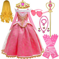 2025 Sleeping Beauty Aurora Princess Dress Cosplay Off Shoulder Kids Gifts Fancy Halloween Party Girl Baby Fine Lace Dress Set