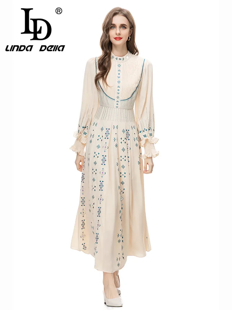 Ld linda della-فستان طويل للنساء ، فستان غير رسمي برقبة مستديرة ، طباعة مخططة ، خصر عالي ، سبليت ، أفضل للسفر ، نمط جديد ، خريف