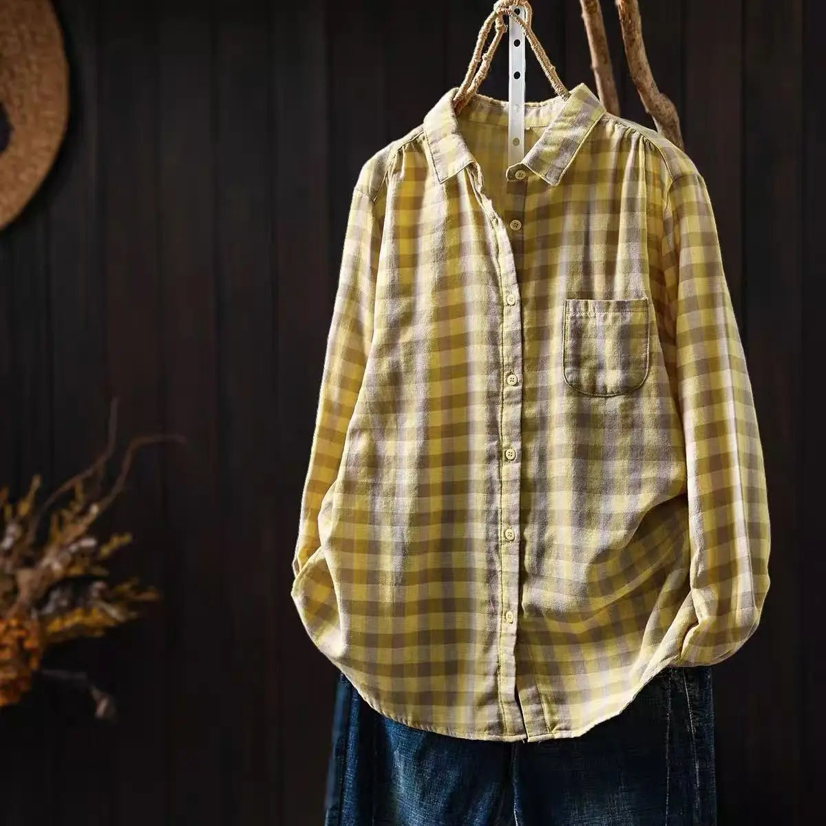 Camisas e blusas xadrez femininas em fio 100% algodão, cor amarela, estilo japonês, mangas compridas, para outono e primavera.