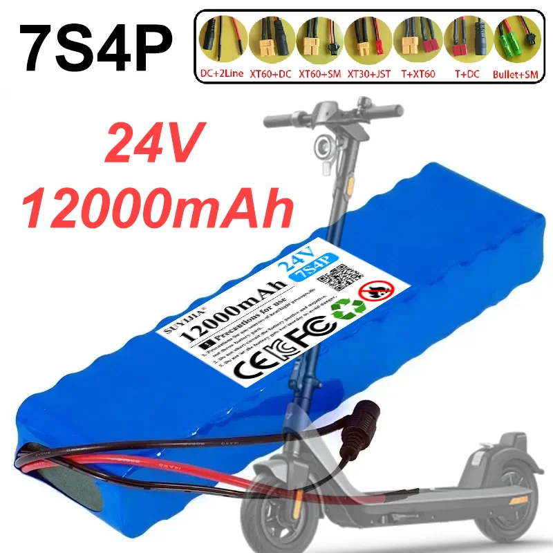 24V 12Ah 7S4P Lithium-Akku 250W 29,4V 12000mAh 18650 Akku mit 15A BMS Geeignet für Fahrrad-/Roller-Akkus + Ladegerät