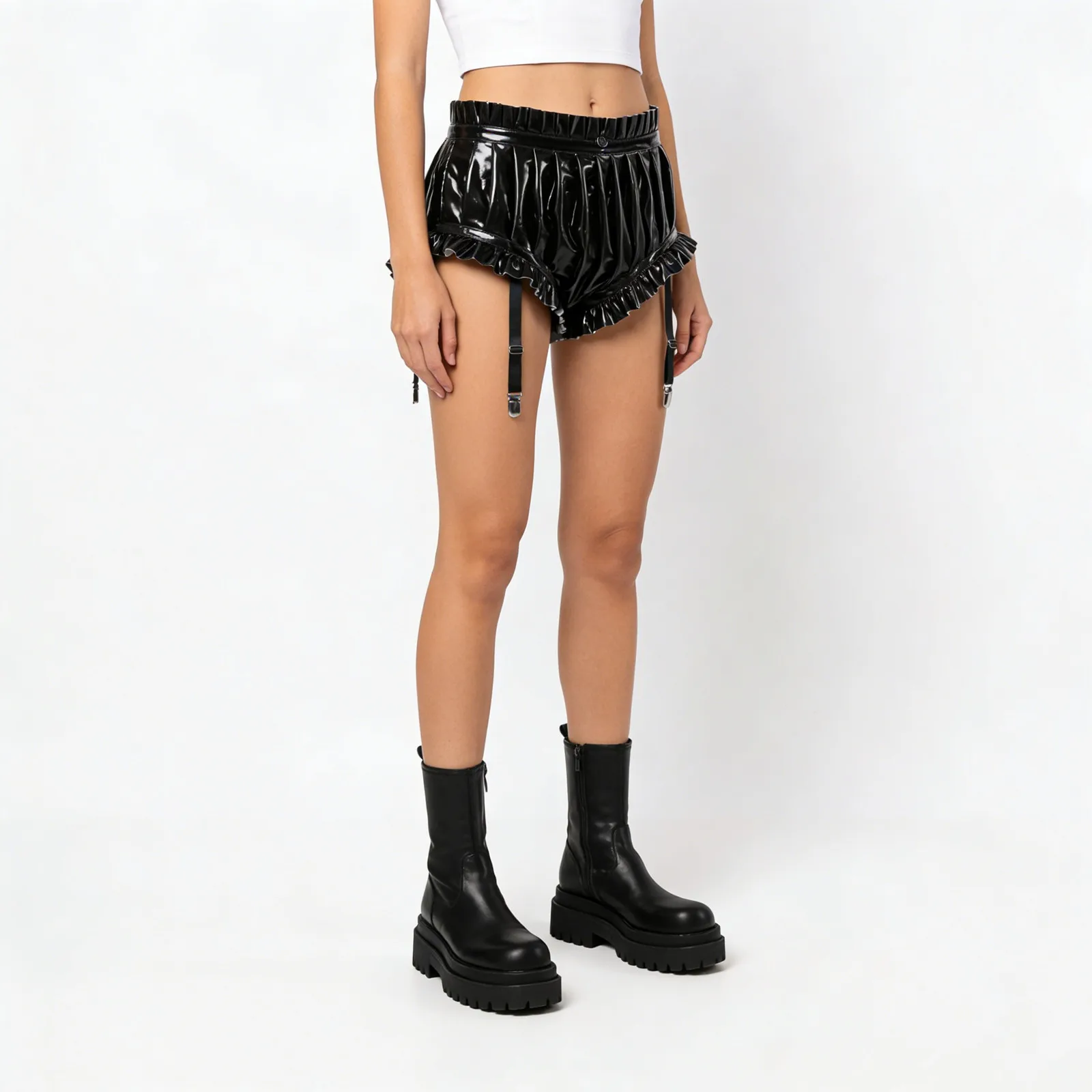 

Женские шорты для танцев на пилоне с эффектом мокрой кожи, глянцевые, из искусственной кожи, плиссированные, с клипсами для подвязок, для ночных клубов и вечеринок, горячие шорты