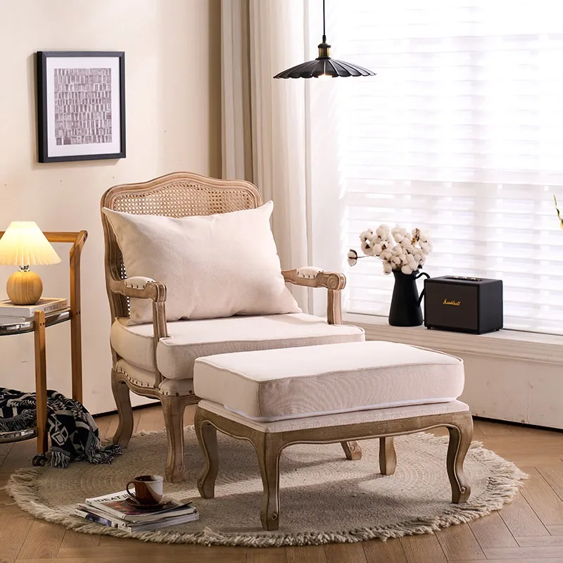 American rural solid wood sofa chair retro and old casual single rattan backrest fabric designer studio tiger chair